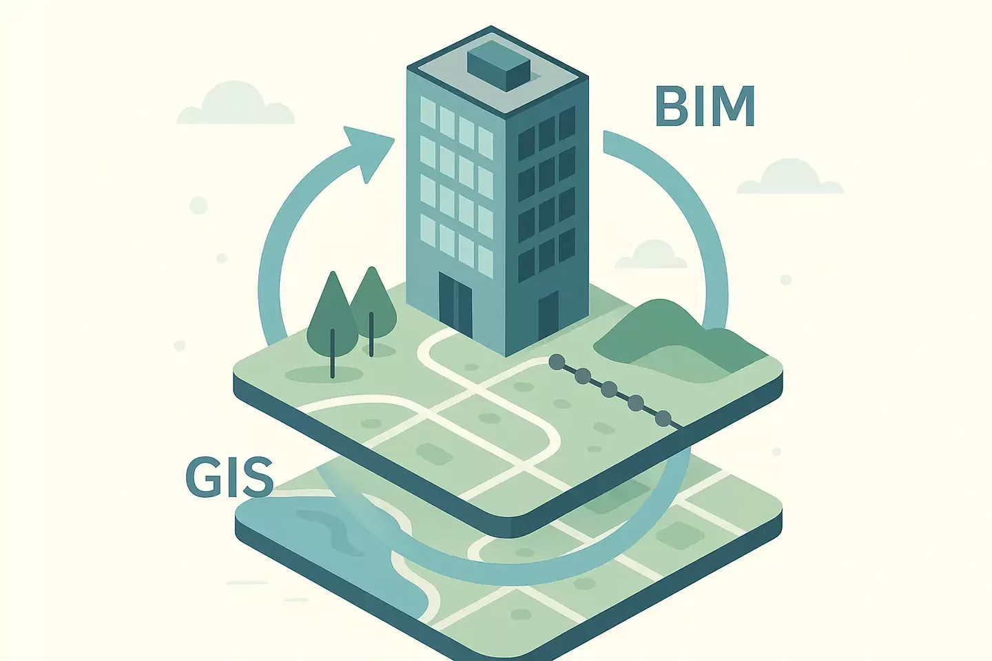 Isometric illustration showing the integration of GIS and BIM data, with a building model connected to a layered map through circular arrows representing data flow.