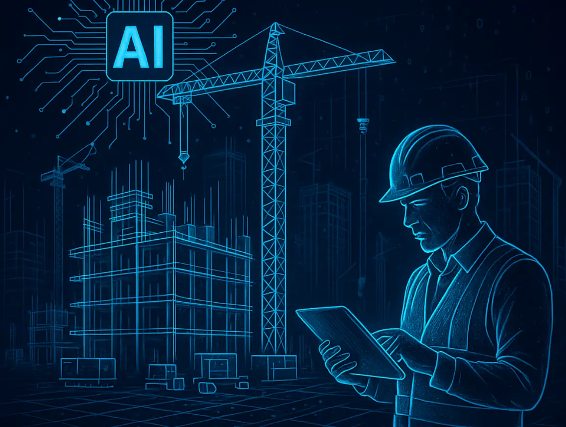 Engineer using AI technology on a tablet at a construction site with digital blueprints and cranes in the background