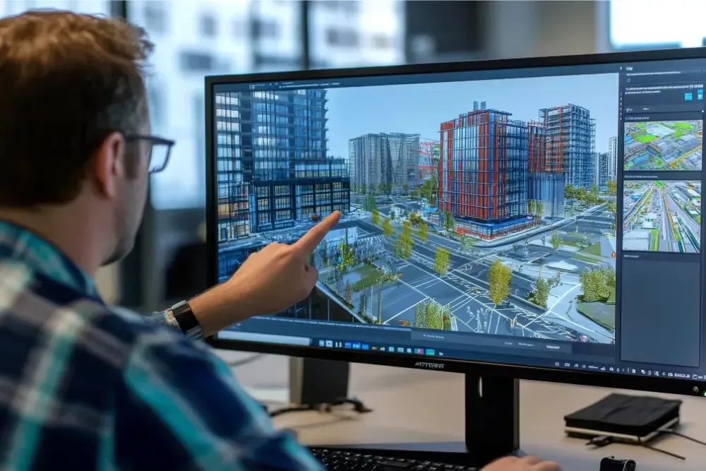 Architekt arbeitet am digitalen Stadtmodell mit 3D-Visualisierung von Gebäuden auf dem Monitor
