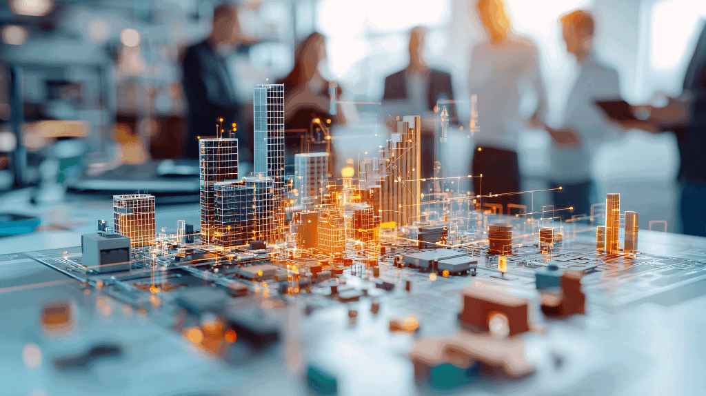 Digital 3D model of a smart city with glowing data points on a planning table, surrounded by professionals – illustrating the use of urban digital twins for city planning and infrastructure management.