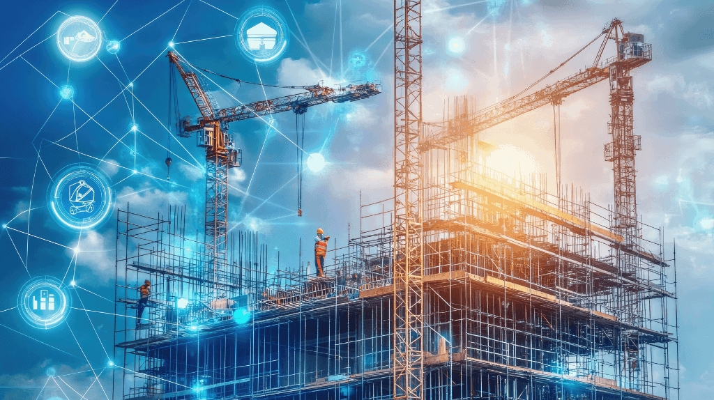 Construction site with cranes and workers, overlaid with digital icons and network connections – representing the integration of digital twin technology in smart construction projects.