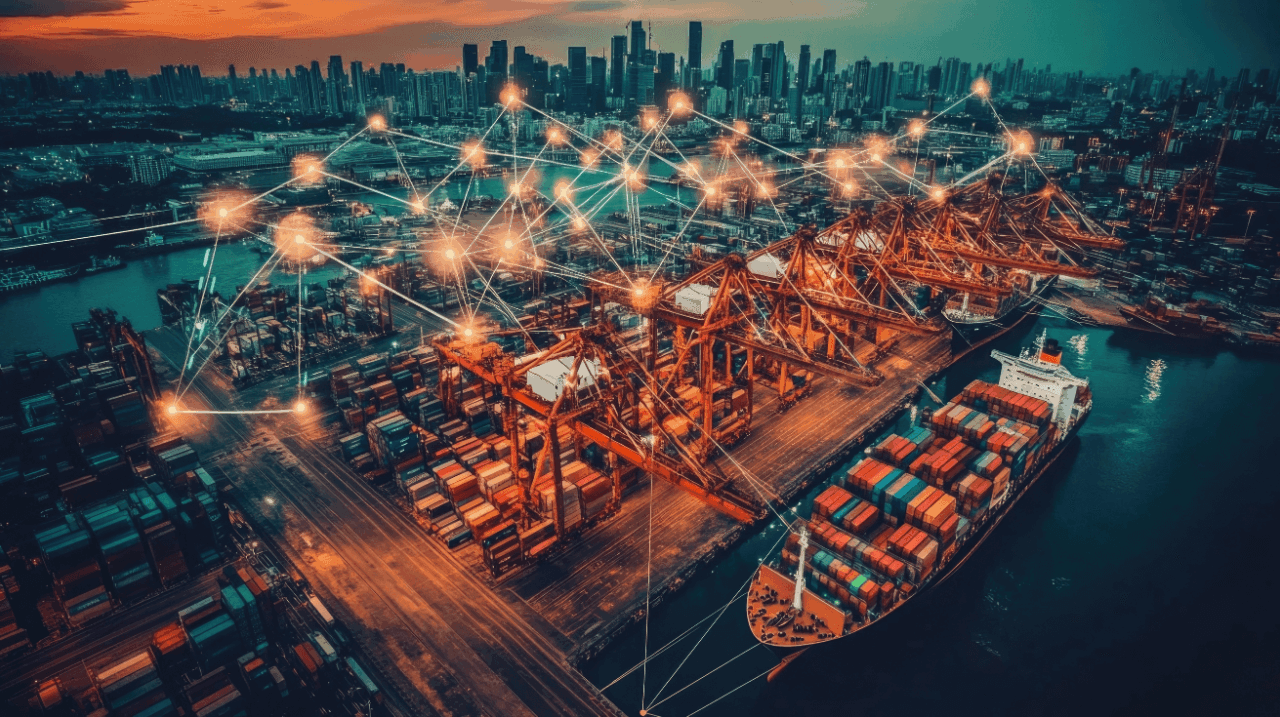 Aerial view of a smart port with container ships and cranes connected by glowing network nodes – illustrating the concept of a digital twin for port infrastructure and logistics.
