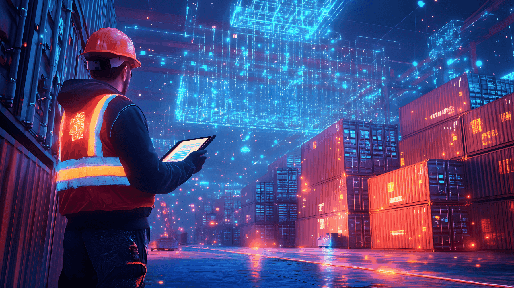 Warehouse management - Warehouse worker with a tablet and safety gear monitors digital data projections