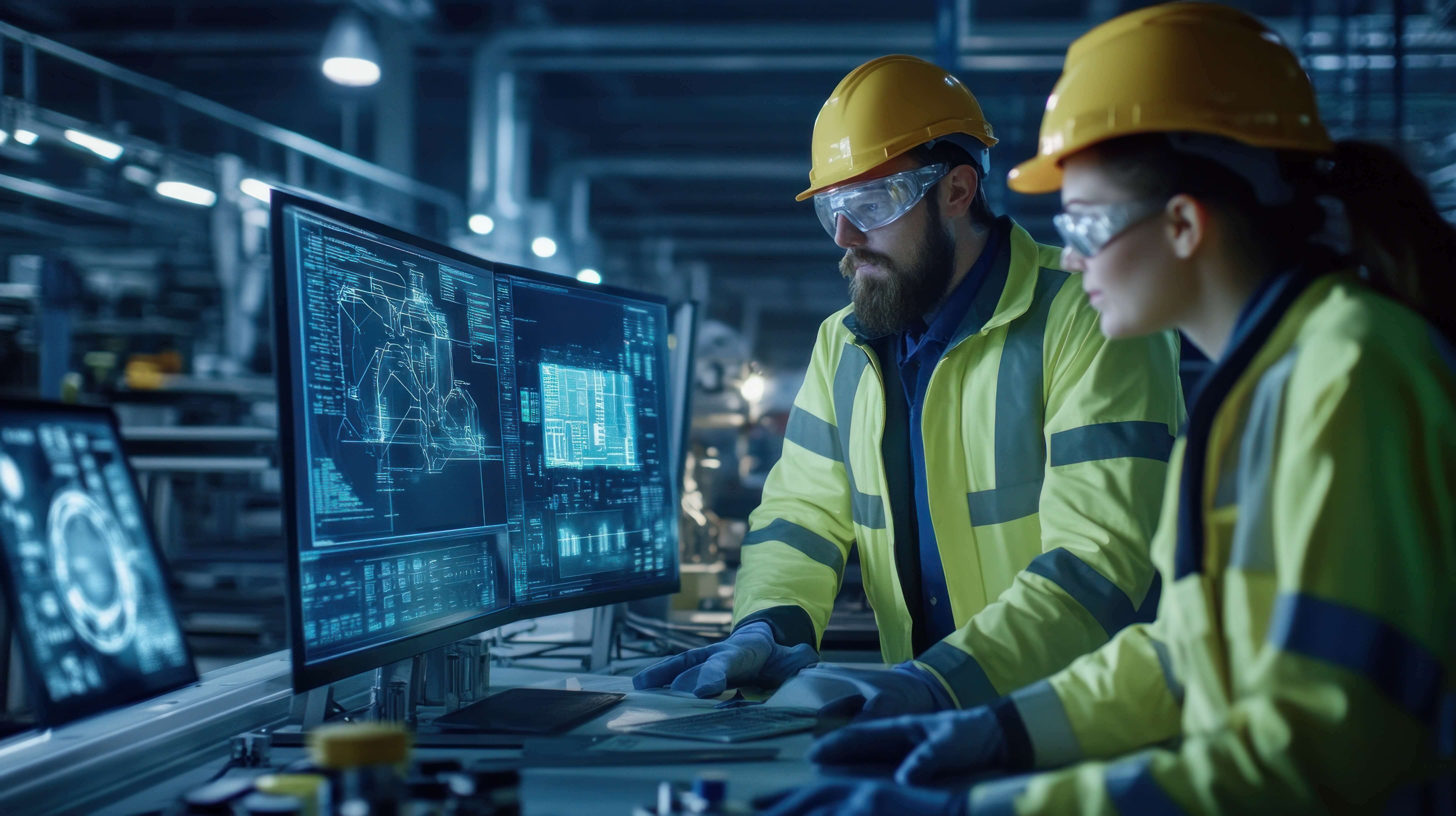 Two engineers in high-visibility jackets and hard hats analyzing technical schematics on large monitors in a high-tech industrial facility.