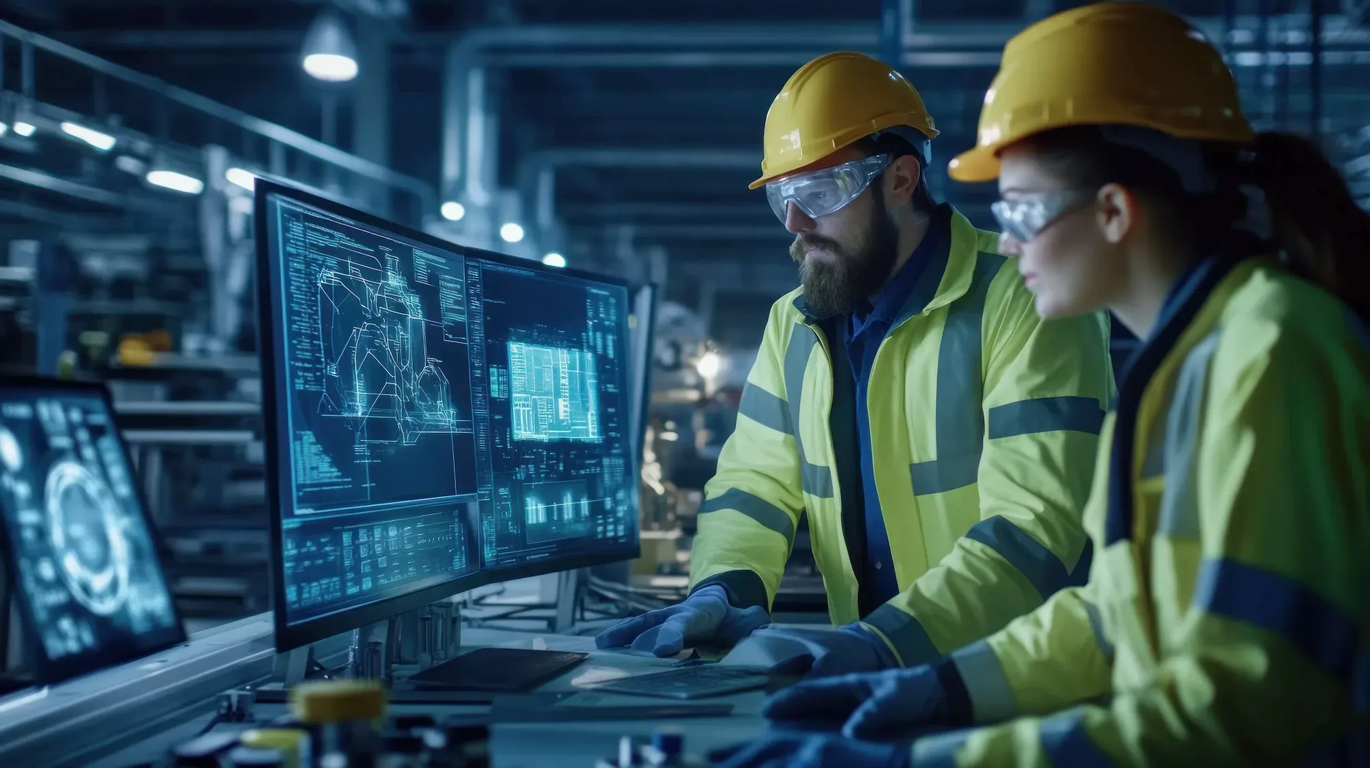Two engineers in high-visibility jackets and hard hats analyzing technical schematics on large monitors in a high-tech industrial facility.