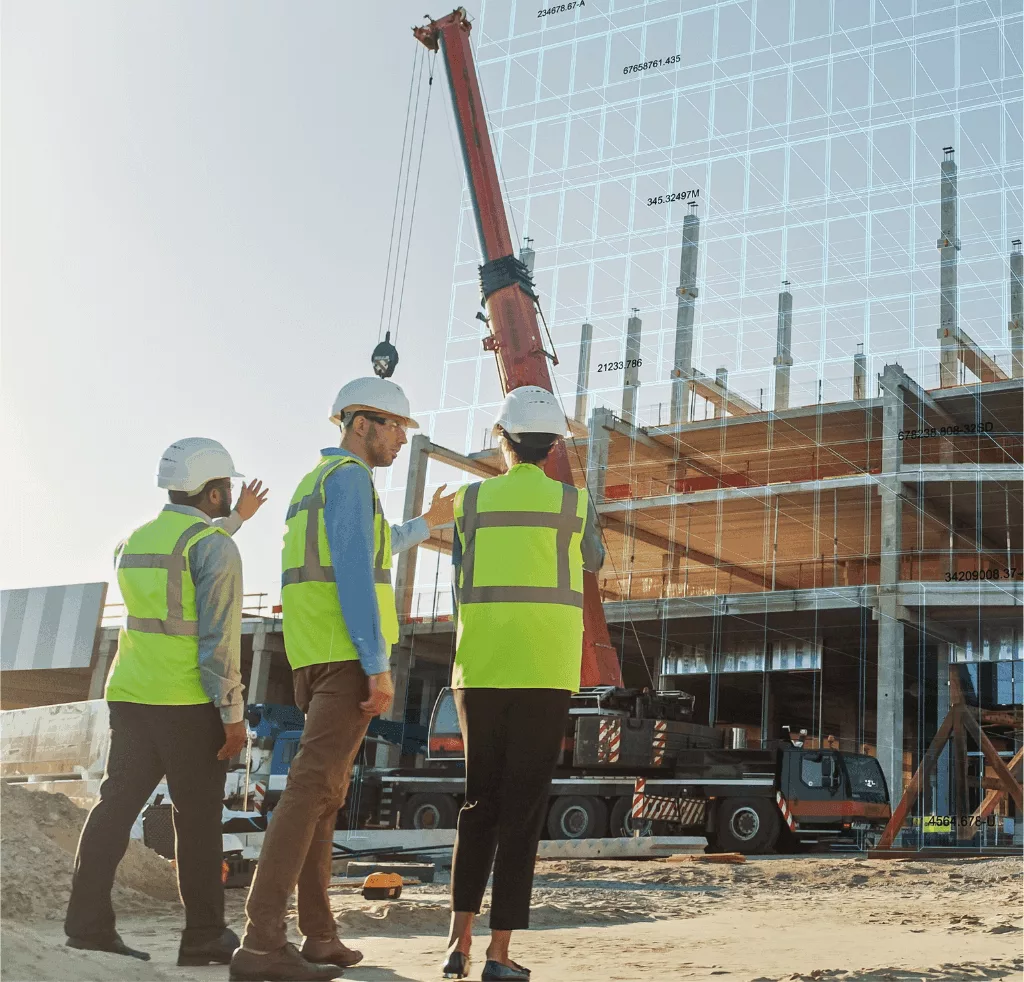 Engineers at a construction site viewing a partially built structure with a digital overlay – representing the use of digital twins in building and construction planning.