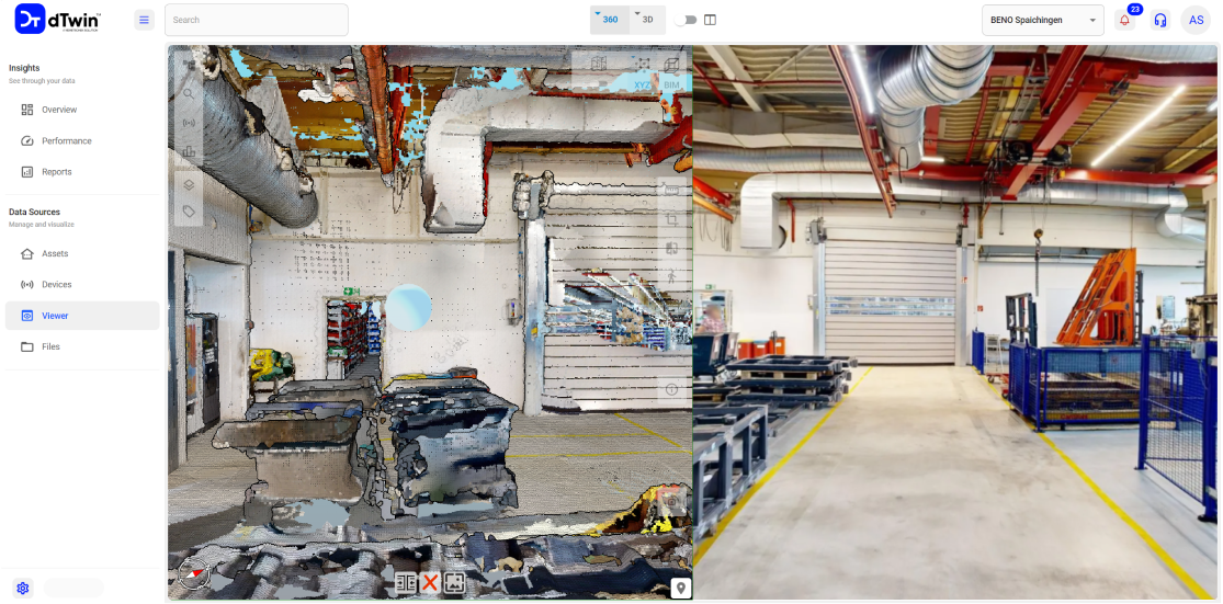 Comparison of point cloud and photography of BENO’s light industrial building in Spaichingen, Germany, in dTwin