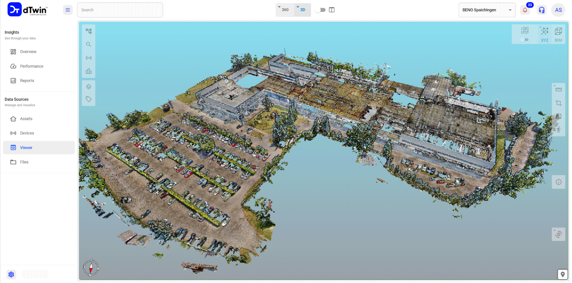 3D point cloud of BENO’s light industrial building in Spaichingen, Germany, in dTwin
