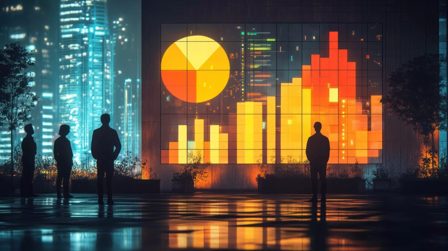 Building data chart - Silhouettes of people standing in front of a large digital screen displaying.