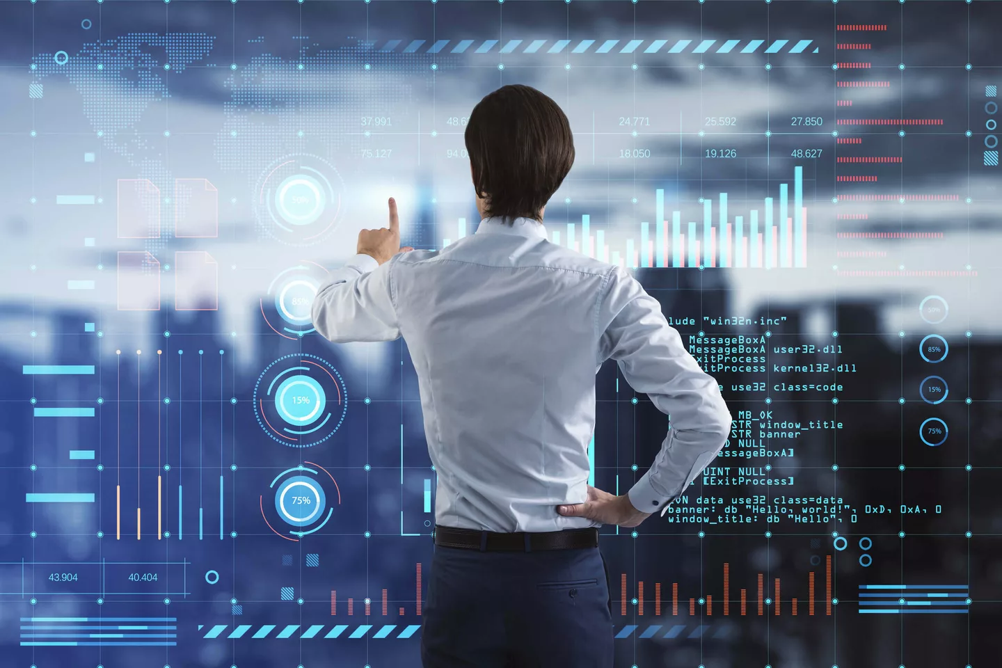 Predictive maintenance - Man in a business shirt interacting with a large transparent digital interface displaying
