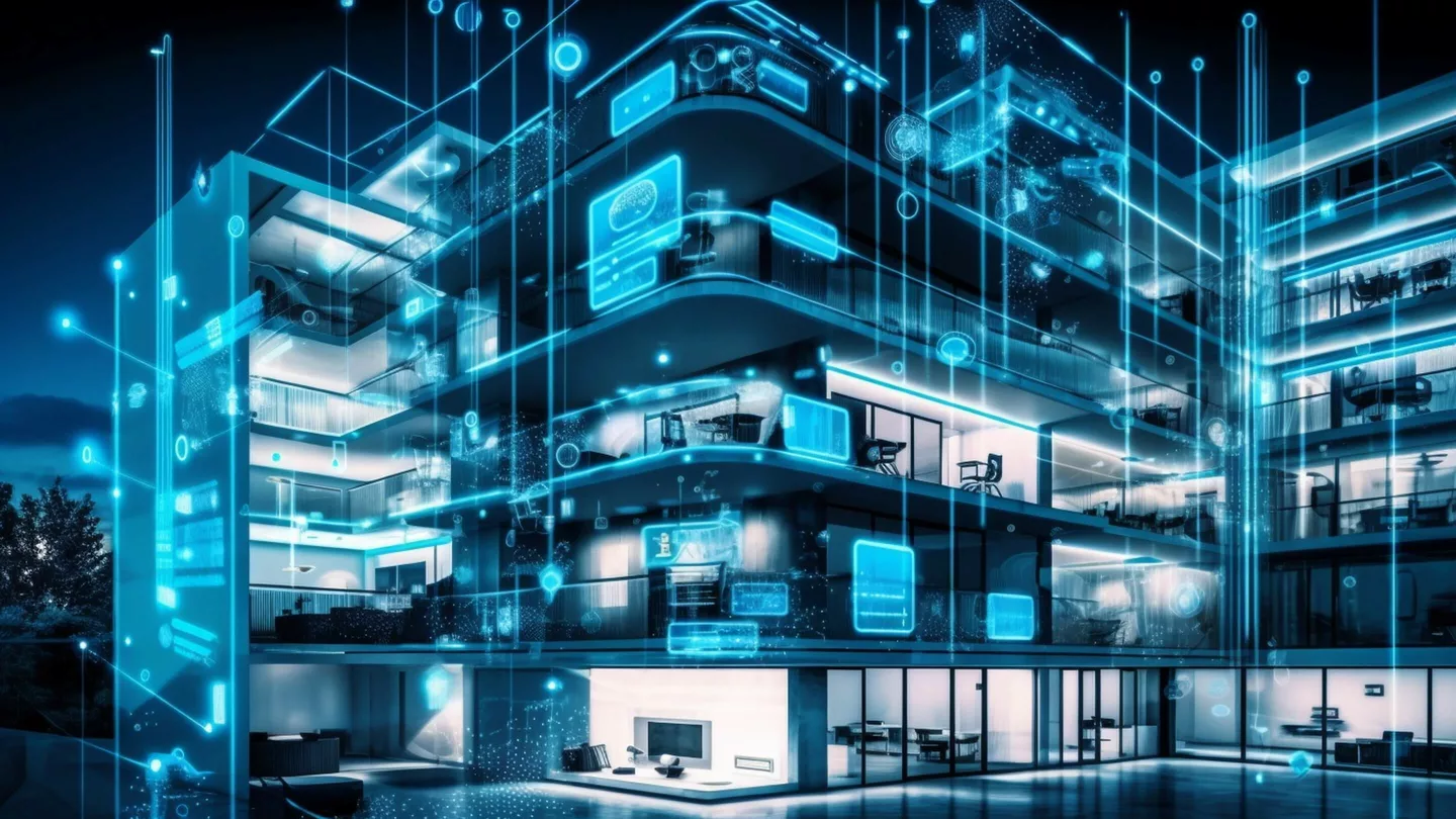 Retail management software - Futuristic smart building at night with glowing digital data overlays.