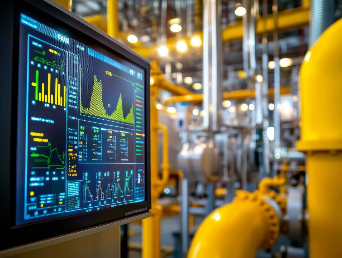 Warehouse management - Close-up of a monitor displaying industrial data analytics in a brightly lit factory or warehouse with yellow pipes and machinery in the background.