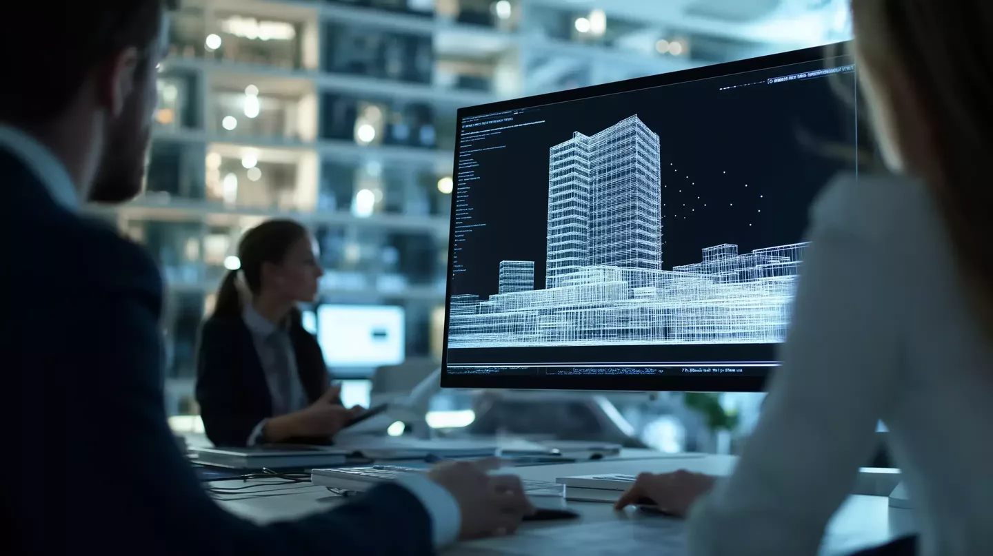 Team arbeitet mit Building Information Modeling (BIM) am digitalen Gebäudemodell für das Gebäudemanagement