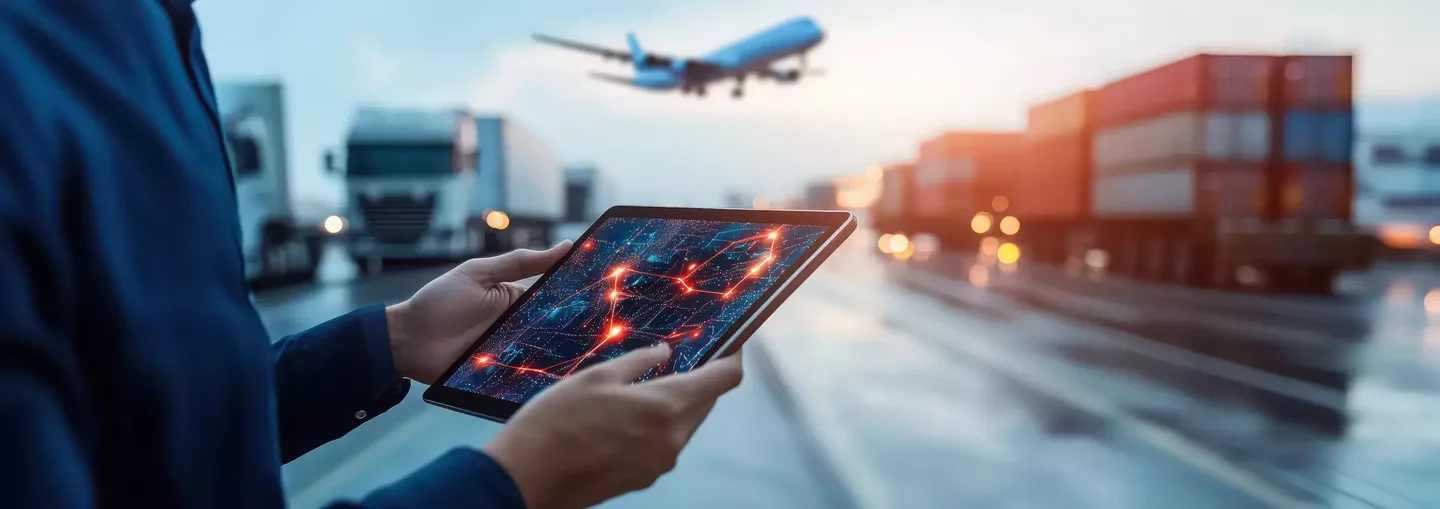 Person holding a tablet with a digital infrastructure map; trucks, containers, and airplane in the background – illustrating the use of infrastructure digital twins in logistics.