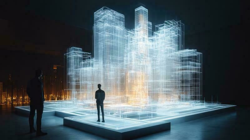 Building data visualization - Two people view a glowing 3D hologram of city building data in a dark room.